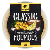 Top view of a Delphi - Houmous Dip - 170g container with a label featuring chickpeas, a lemon wedge, vegan dip in a bowl, and garlic—ideal for anyone seeking gluten-free houmous.